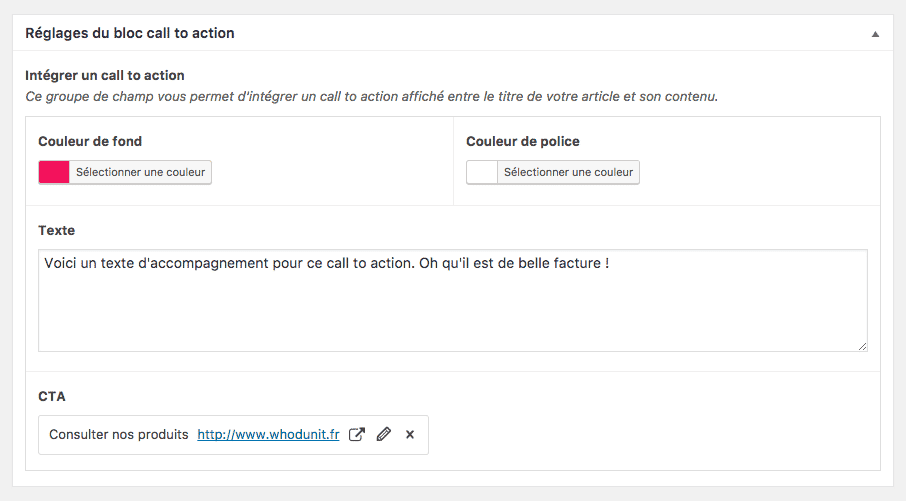 Editeur de bloc call-to-action