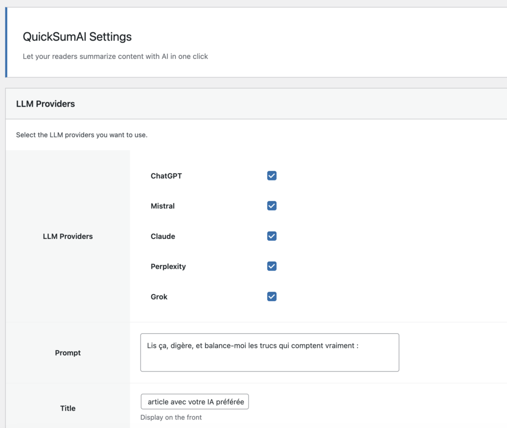 Plugin WordPress QuickSumAI : intégrez ChatGPT, Claude et Mistral en un Clic